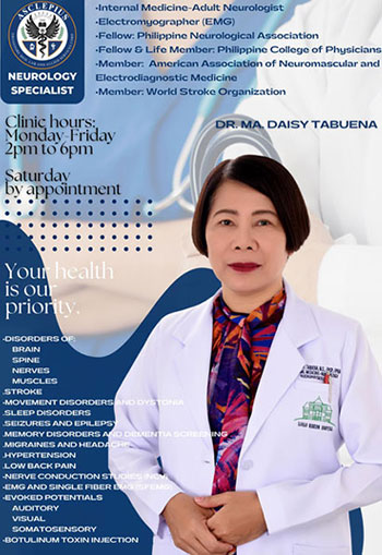 Dr. Ma. Daisy Pedroso-Tabuena Internal Medicine First Neurologist in Iloilo to specialize in Electromyography and Nerve Conduction Studies